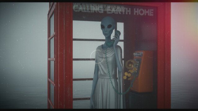 Alien in white robe standing inside a red telephone booth talking on a phone. Science fiction concept of extraterrestrial contact with humans. Mysterious creature from space visiting Earth.