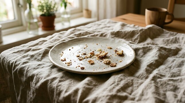 Empty plate with cookie crumbs on a rustic tablecloth.