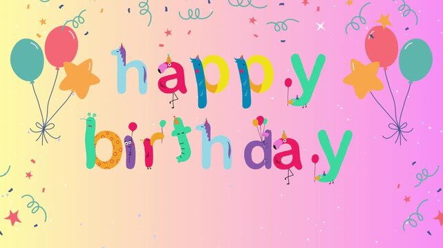 Happy Birthday wishing a greeting animation video. A vibrant happy greeting with multicolored balloons and confetti on a pastel gradient background