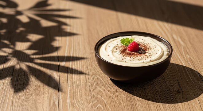 Ein cremiges, hausgemachtes Schokoladendessert steht auf einem rustikalen Holztisch im hellen Sonnenlicht mit sanften Schatten von Bl&auml;ttern, zucker, feinschmecker, holztisch