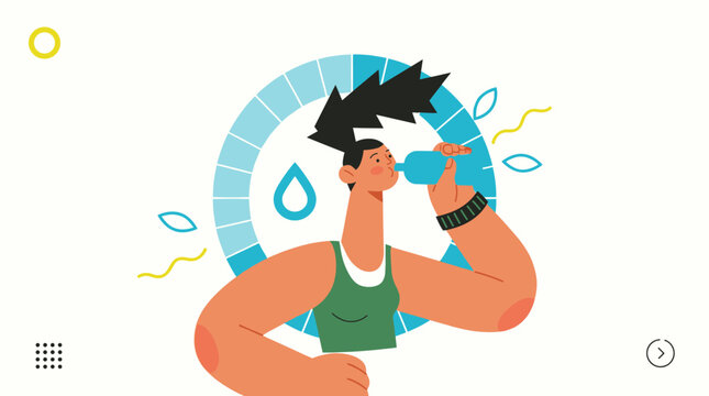 A muscular young athlete drinks water from a bottle with a blue hydration tracker gauge shown behind him on a bright background