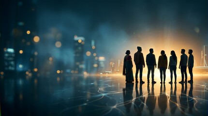 Fototapeta premium Diverse Group of People Standing Together Facing Future Digital City Skyline at Night with Glowing Network Connections and Cinematic Lighting