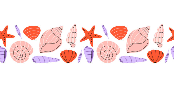 Vector seamless border with pastel seashell and starfish element in pink, purple and orange. Cute marine horizontal pattern illustration for summer beach frame, banner and nautical decoration.