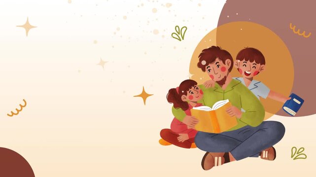 Happy Father's Day animation video. Cartoon family sitting together reading books indoors