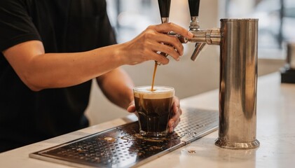 Fototapeta premium Medium shot featuring a barista pouring cold brew coffee into a cup from a nitro tap with the drip tray catching small spills below in soft focus.