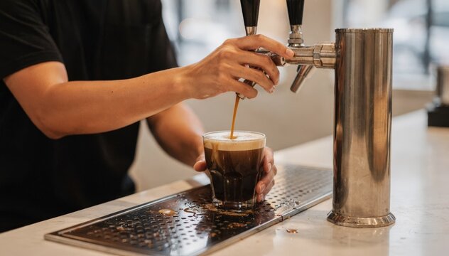 Medium shot featuring a barista pouring cold brew coffee into a cup from a nitro tap with the drip tray catching small spills below in soft focus.