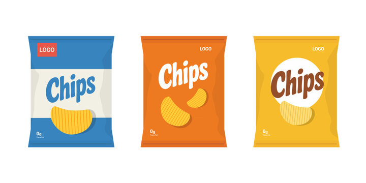 Set of snack chips bag plastic packaging isolated on white background. Food packaging template design. Vector stock	
