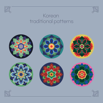 Circular Korean traditional dancheong pattern flower mandalas set