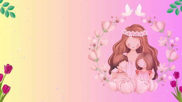 Happy Women's Day wishing a greeting animation video. A mother and child surrounded by flowers and butterflies