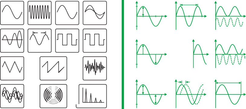 Sound wave and electronic signal vector icons featuring sine square sawtooth and triangle waveforms for physics engineering and audio synthesis