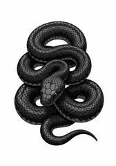 Obraz premium Sleek Black Serpent Illustration: Majestic Coiled Reptile, Dark Scales, Intense Gaze, Clean White Space