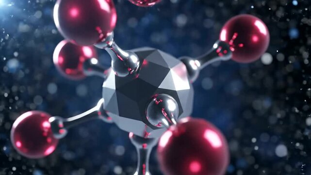 Abstract Molecular Structure with Red Spheres and Geometric Core in a Dark, Sparkling Environment.