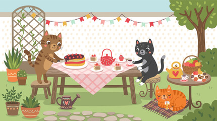Fototapeta premium Three adorable cartoon cats enjoy a delightful backyard tea party together with cakes cupcakes teapot and colorful bunting decorations