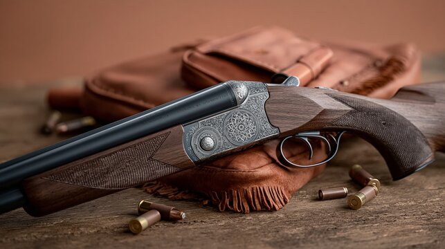 Vintage double-barrel shotgun with ornate engravings resting on a leather bag, surrounded by scattered shotgun shells on a wooden surface