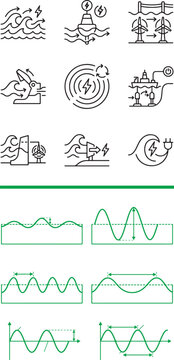 Ocean wave energy and physics icon set featuring renewable power generation tidal turbines buoys and wave frequency diagrams for sustainable engineering