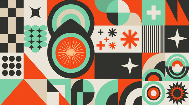 A bold retro inspired geometric pattern design filled with colorful circles triangles stars and abstract shapes in teal orange and black background
