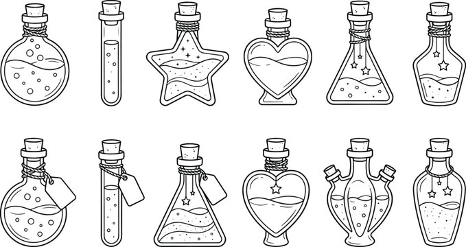 Magic Potion Bottle Outline Icon Set for Fantasy Gaming Witchcraft Halloween Alchemy and Esoteric Graphic Elements