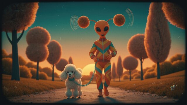 Alien walking with white poodle in orange retro tracksuit. Extraterrestrial character in park at sunset. Sci-fi creature with antenna having fun during walk. Surreal cosmic concept.