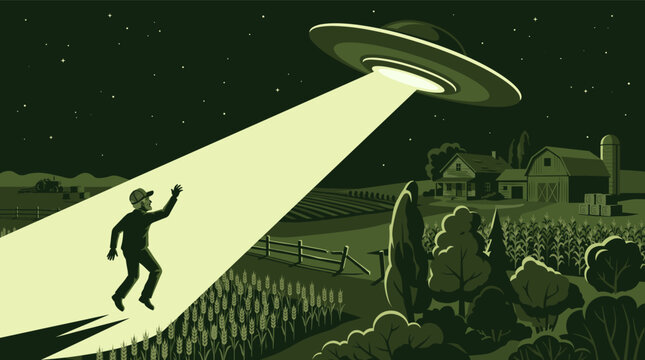 A dramatic green toned illustration shows a man being lifted by a glowing UFO beam above a rural farm field at night
