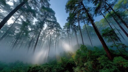 Fototapeta premium Tall trees reach skyward in a forest with sunbeams filtering through mist and foliage