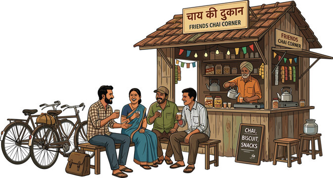 Traditional Indian chai corner vector illustration with friends gathering at roadside tea stall and authentic community lifestyle scene