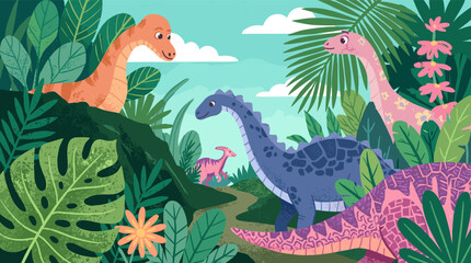 Obraz premium Four adorable cartoon dinosaurs roam happily through a lush tropical prehistoric jungle filled with giant leaves and colorful flowers