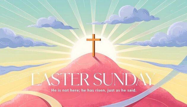 Easter sunday resurrection scene with cross sun rays resurrection christianity religion spiritual mountain biblical celebration sacrifice redemption salvation heavenly