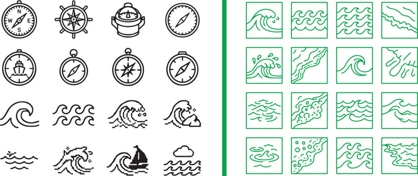 Nautical and maritime line icon set with compasses waves and sea patterns for navigation and ocean travel design