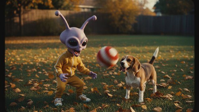 Alien playing with a beagle dog in a backyard during autumn. Extraterrestrial character in a yellow tracksuit having fun with a puppy. Science fiction concept of extraterrestrial life.