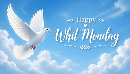 Happy whit monday celebration with white dove flying in blue sky spring holiday religious holiday holy day holiday background celebration spirituality religion christianity