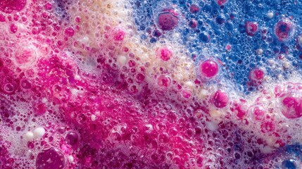 Fototapeta premium Vibrant, foamy liquid mixture displays intense magenta, blue, and white coloration