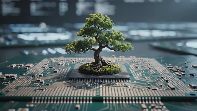 A vibrant green tree with mossy base sprouts from a microchip on a circuit board