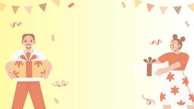 Happy Birthday wishing a greeting animation video. A colorful party background with confetti and a gift box