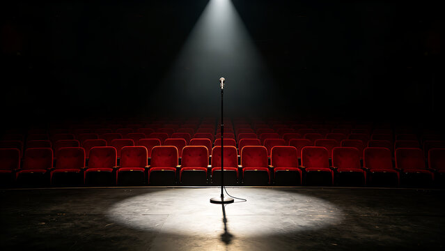 receding. An empty auditorium stage with a solitary microphone under a spotlight. event programs, museum guides, designed for cultural heritage projects and event programs, supports education.
