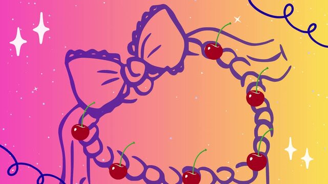 A purple line art frame with cherries and a bow on a pink yellow gradient