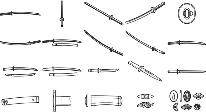 Collection of traditional Japanese samurai sword (katana) drawings, showcasing various angles and components including the blade, hilt, and scabbard, presented as a graphic resource.