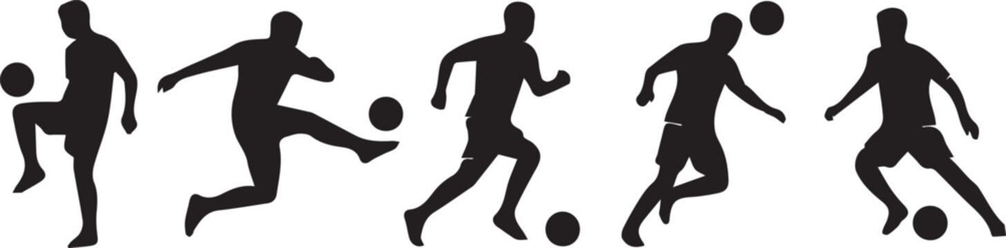 Black silhouettes of soccer players in various poses