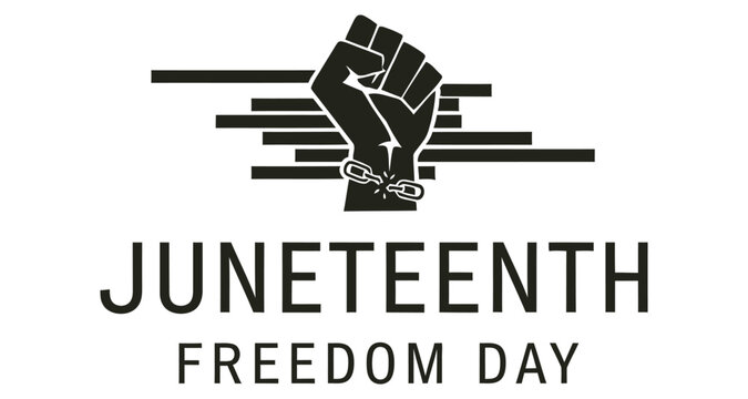 Juneteenth Freedom Day fist symbol with broken chains during celebration against white background