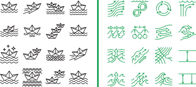Paper boat and ocean wave vector icon set with minimalist line art symbols for maritime navigation water currents and physics diagrams