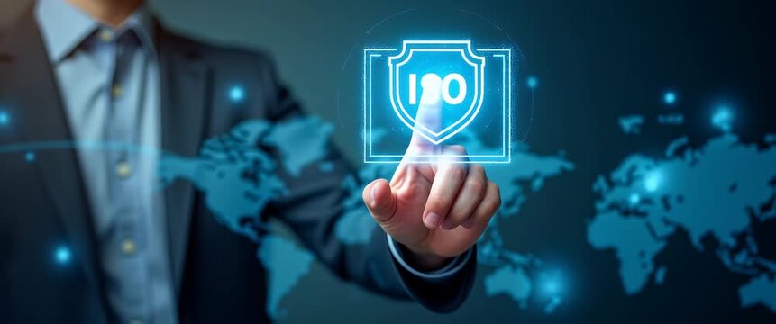 Businessman touches ISO certification symbols on digital interface representing quality assurance compliance global standards and international standardization. concept as Businessman touches ISO cert
