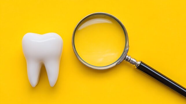Close-up of a model tooth and magnifying glass on a yellow background