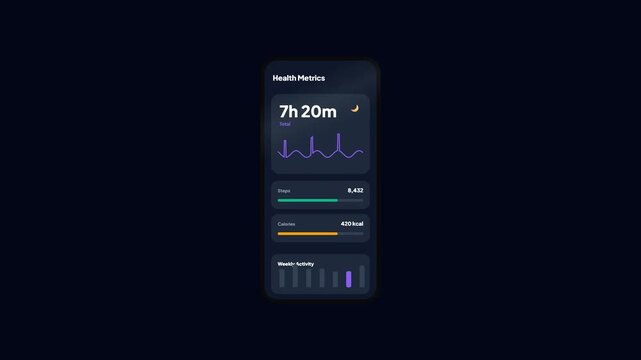 Medical Health Tracker Mobile App Interface Animation Dashboard Showing Sleep Duration Clock Graphic Statistics