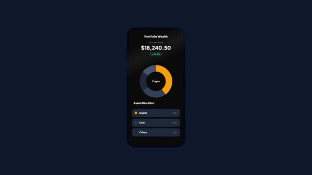 Portfolio wealth asset allocation app ui design displaying crypto investment balance and doughnut chart on dark mode mobile screen, cryptocurrency tracking interface mockup.