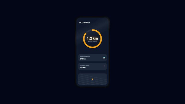 Electric vehicle control app ui design showing nearby charging station distance on dark mode smartphone screen, EV station locator user interface layout loop animation.