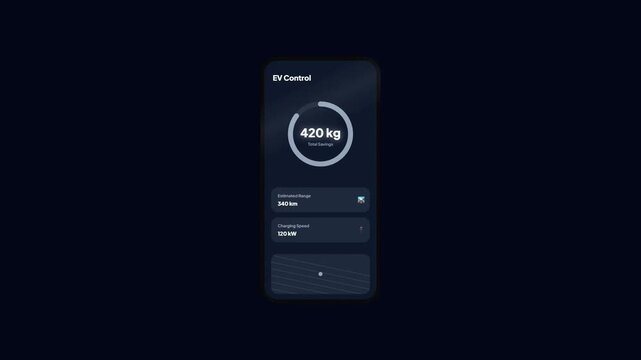 Electric vehicle control dashboard app ui design on dark mode smartphone screen showing savings and range, EV tracking application interface mock up animation loop.