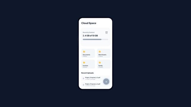 Cloud Space Trash Bin Mobile App Interface Animation Showing Recently Deleted Files and Available Capacity