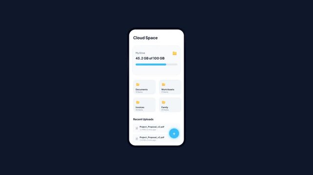 Cloud Space Personal Storage Mobile App Interface Animation Showing Available Capacity and Documents Folders