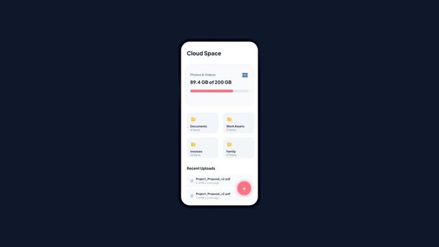 Cloud Space Photos and Videos Media Storage Mobile App Interface Animation Showing Gallery Capacity