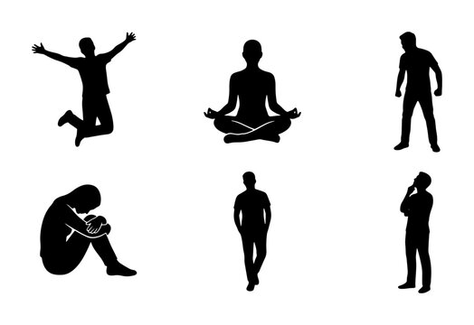 Diverse Human Silhouettes, Emotions, Poses, and Actions, Set of 6 Icons