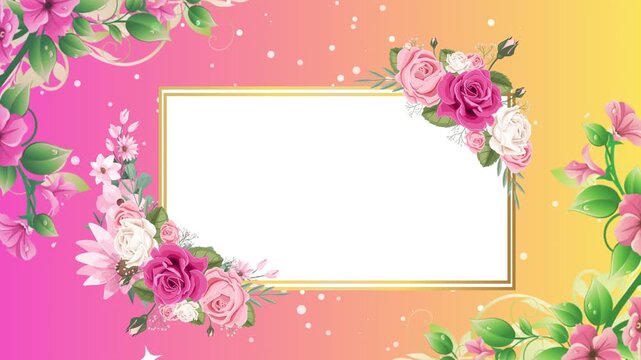 A floral frame with pink roses and green leaves on a colorful background